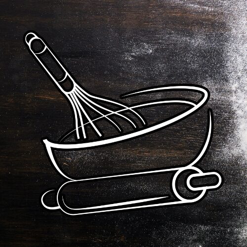 A chalkboard drawing of a whisk, bowl, and rolling pin
